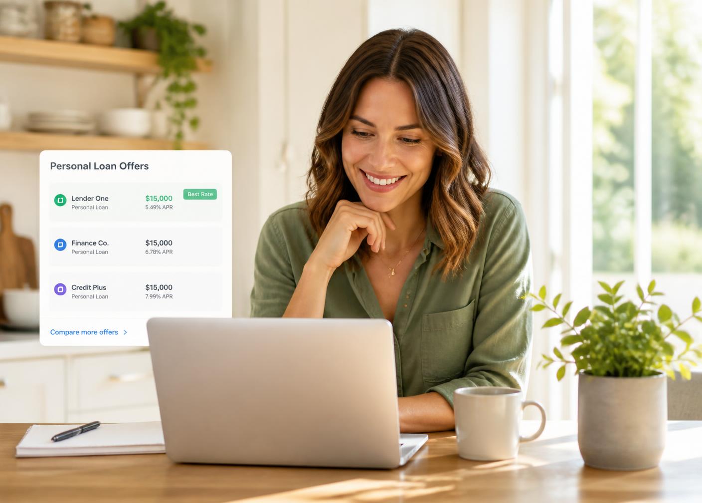 Woman comparing personal loan offers on a laptop at home